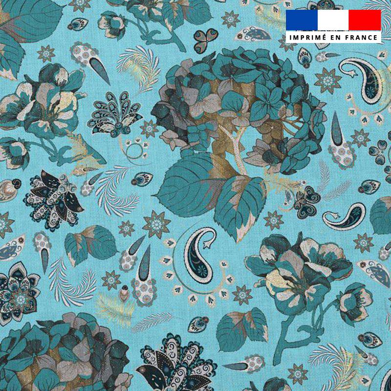 Popeline de coton turquoise peigné motif cachemire - Tissus Price